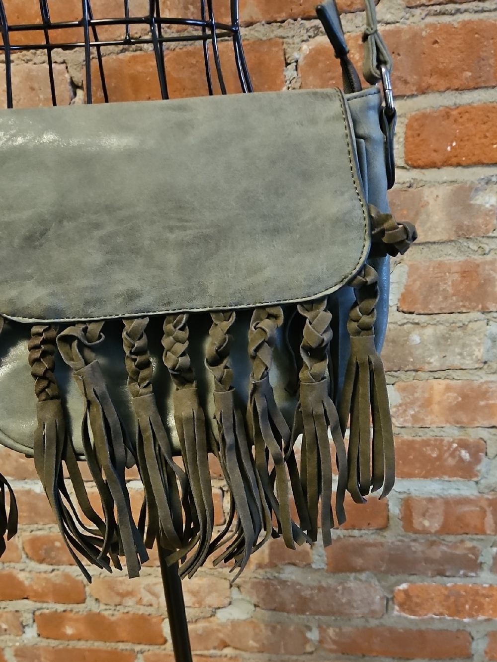 Women's Olive Green Fringe Crossbody Bag with Braided Tassels